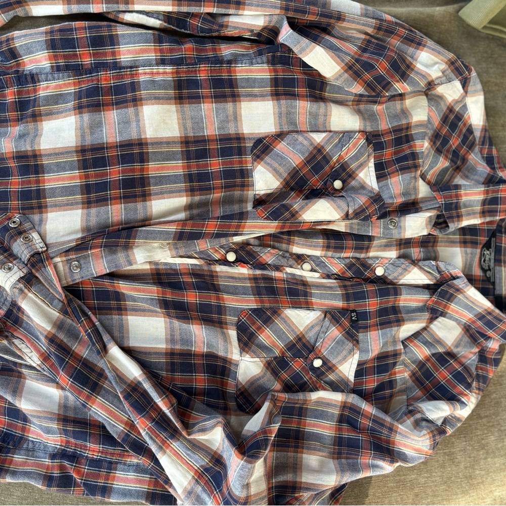 Men's Casual Plaid Shirt - Navy and Orange